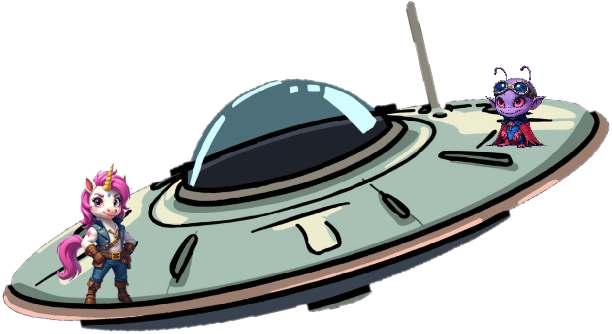 Unicorn riding a Goon spaceship, hero of Alien Heist