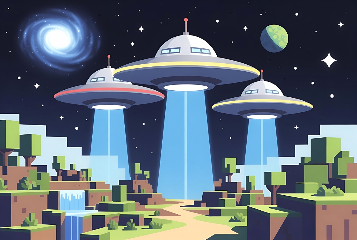 Brick-built level being scanned, with UFOs descending to abduct it